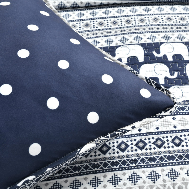 Uriel Navy Microfiber Reversible Quilt Set, Twin Quilt + 1 Sham + 1 Throw Pillow