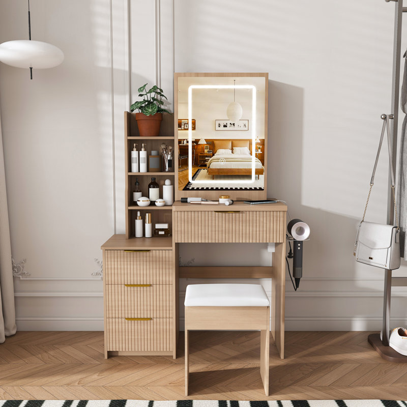 Modern Vanity Desk with LED Lighting, Power Outlet, and Storage, Walnut