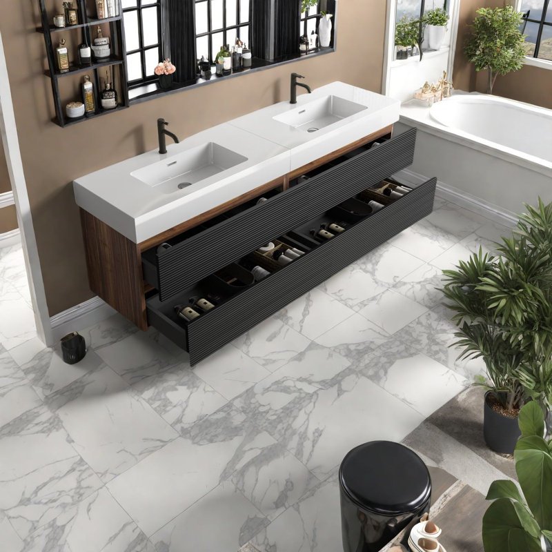 Grand meuble-lavabo moderne avec lavabo à quartz d'ingénierie, design noir et brun, idéal pour les maisons élégantes