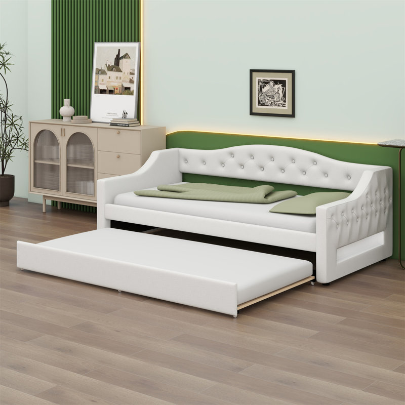 Upholstered Daybed With LED Belt And Trundle, Beige