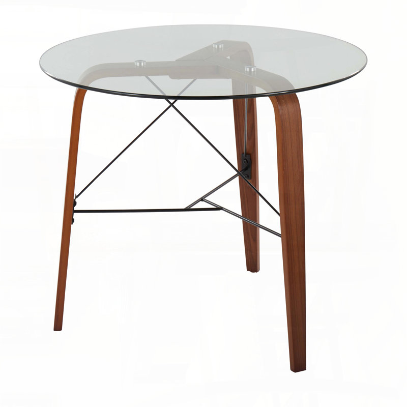 Table de salle à manger ronde contemporaine en bois cintré noyer et plateau en verre, Brun