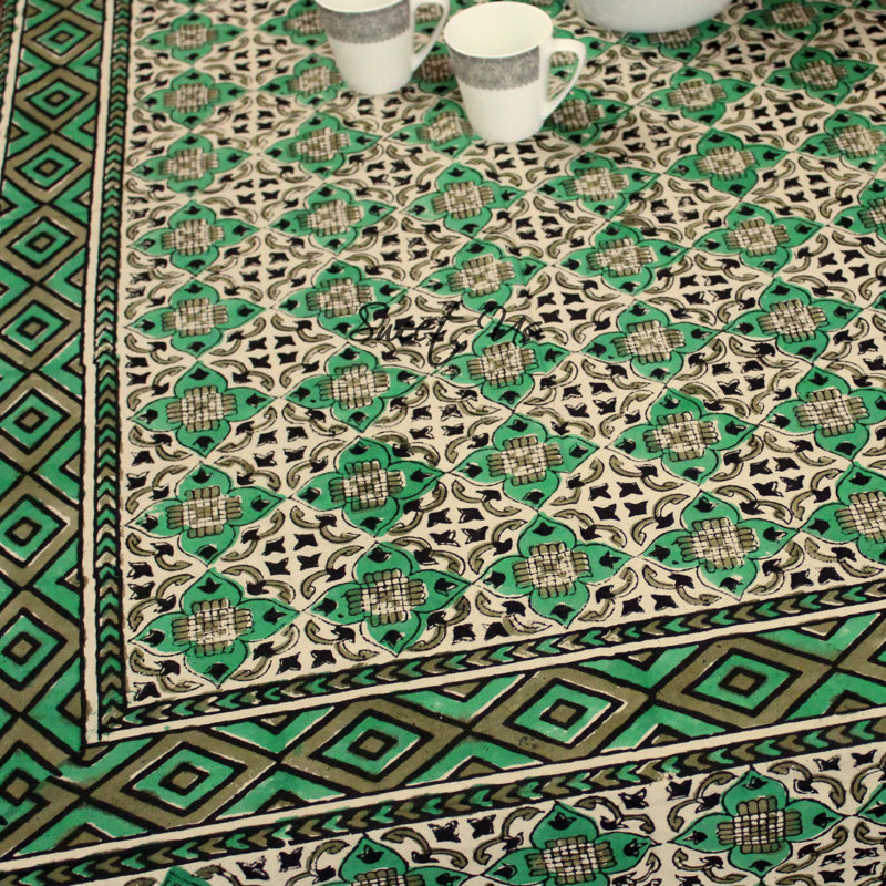 Nigoghos Cotton Veggie Dye Hand Block Printed Tablecloth Collection, 104" x 88", Green