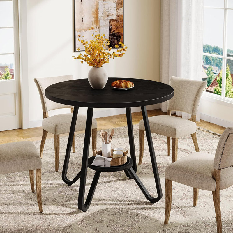 31.5" Round Dining Table With Double Shelves, Brown
