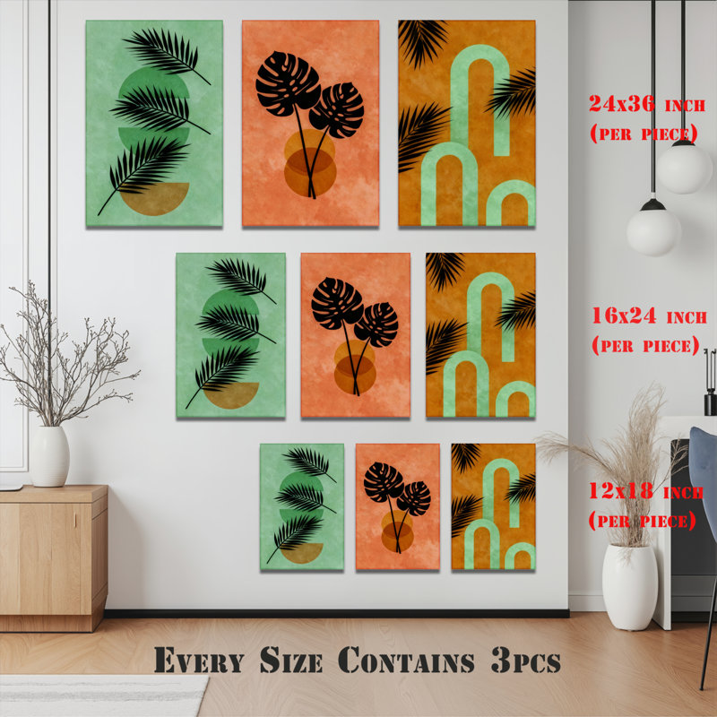 Feuilles de palmier tropicales et art mural tendu sur toile Monstera, impression abstraite moderne (ensemble de 3)