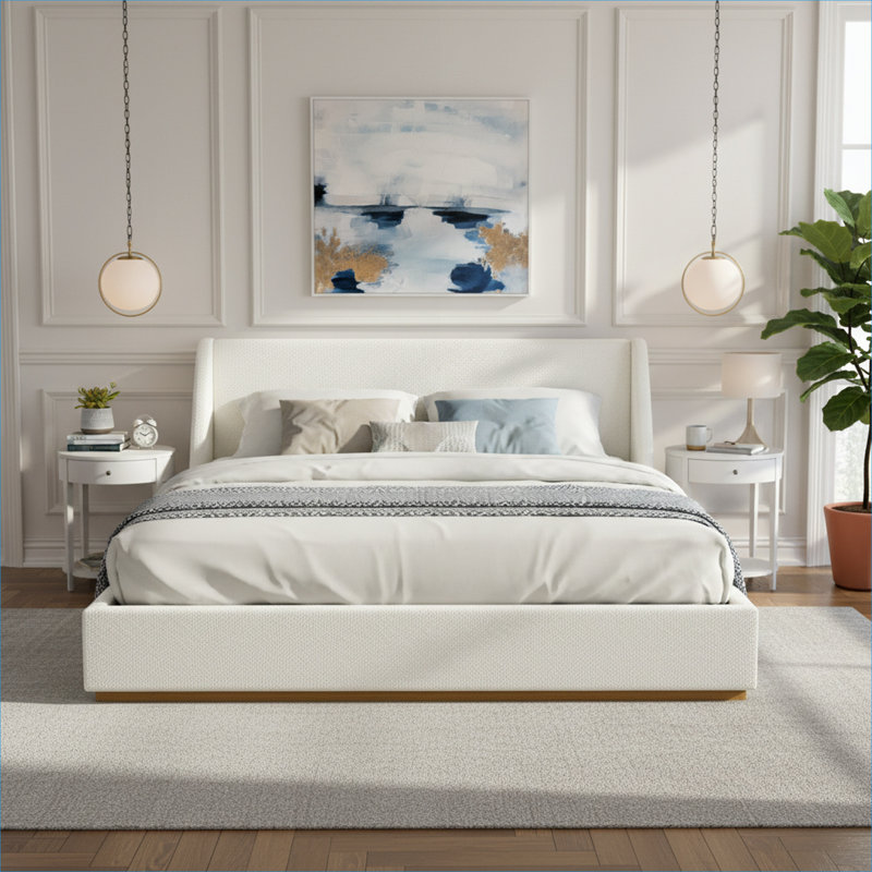 Streamlined Winged Silhouette Upholstered Platform Bed King Size Solid Rubber Wood Crisp White