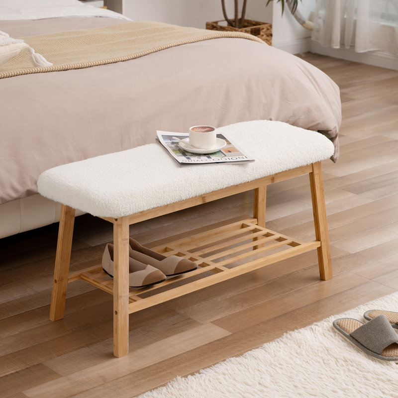 Banc à chaussures rembourré 35,6 po avec tablette de rangement pour le vestibule et coussin blanc, Crème, crème