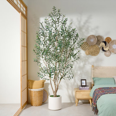 Grand olivier artificiel de 8 pi, plante artificielle à plusieurs tiges avec des fruits réalistes dans un grand pot à fleurs blanc - Arbre d'intérieur luxuriant pour la décoration méditerranéenne, toscane et moderne