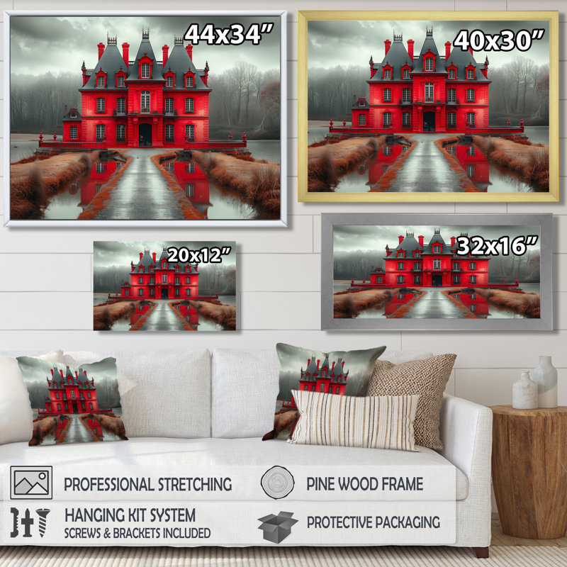 Monochromes rouge gris manoir d'automne en Allemagne III - Chateaux, art mural, salon, Toile tendue, 12" H x 20" W
