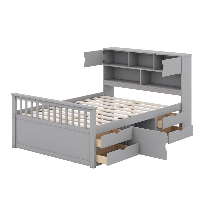 Structure de lit plateforme avec bibliothèques et tablettes de rangement, quatre tiroirs, Gris