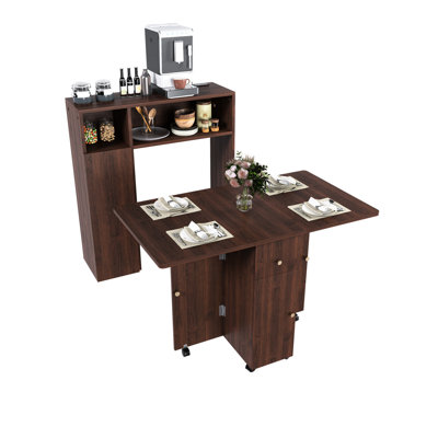 Folding Dining Table With Sideboard & Braking Function, Material, Walnut Color, Small Space Multifunctional Socket, Foldable For Saving,