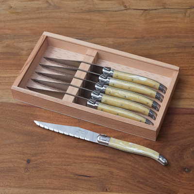 Ensemble de couteaux à steak Laguiole 6 pièces, corne pâle en platine avec couvercle en acrylique