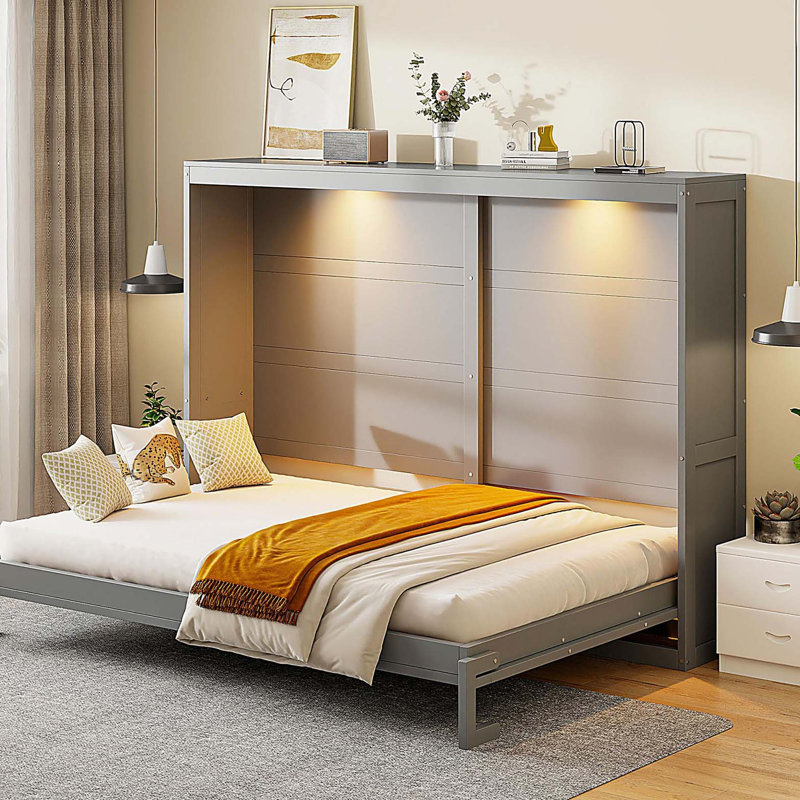Grand lit escamotable mural de style moderne avec lumières DEL, gris, Grey