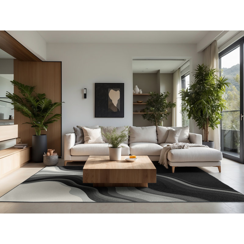Tapis ombré doux et moelleux moderne et contemporain en gris - reliure noire, 5x8