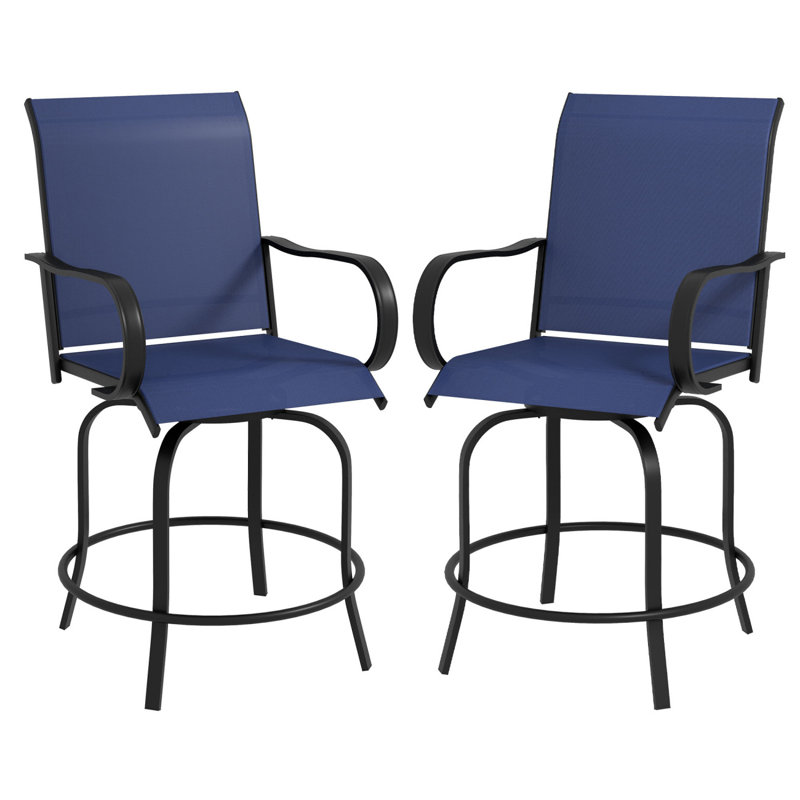 Outdoor Bar Stools With Armrests, Set Of 2 360° Swivel Bar Height Patio Chairs With High-Density Mesh Fabric, Steel Frame Dining Chairs For Balcony, Poolside, Backyard