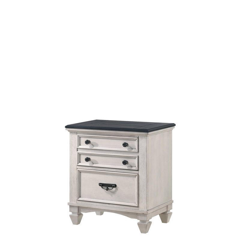 Commode d'appoint beige avec surface en fausse planche et table de chevet en nickel noir