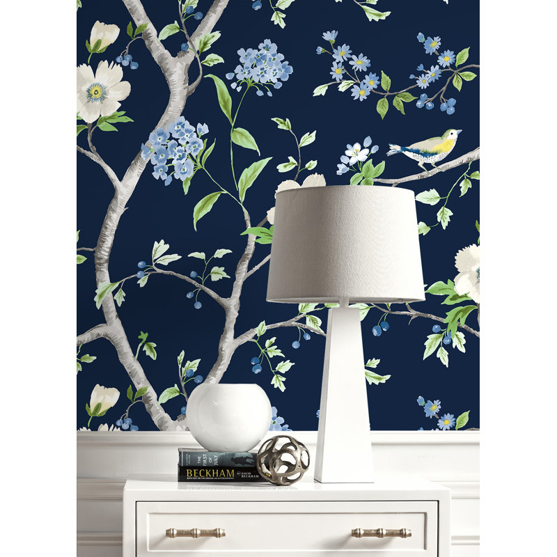 Luxe Haven Navy Blue & Spring Green Floral Trail Peel And Stick Wallpaper