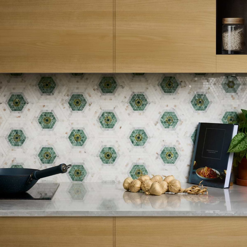 Ako 6" Hexagon Marble Micro Mosaic Tile, Verde Green