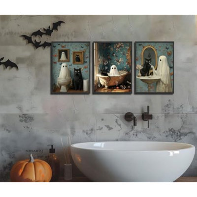 Halloween, fantômes, affiches, ensemble d'art mural de 3 horreurs effrayantes universitaires foncées, fantôme et chat noir, décoration murale pour salle de bain, galerie, décoration de la maison