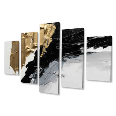 «Waves Of Midnight Passion Abstract Black & Gold II», reproduction d'art sur toile abstraite - 5 panneaux