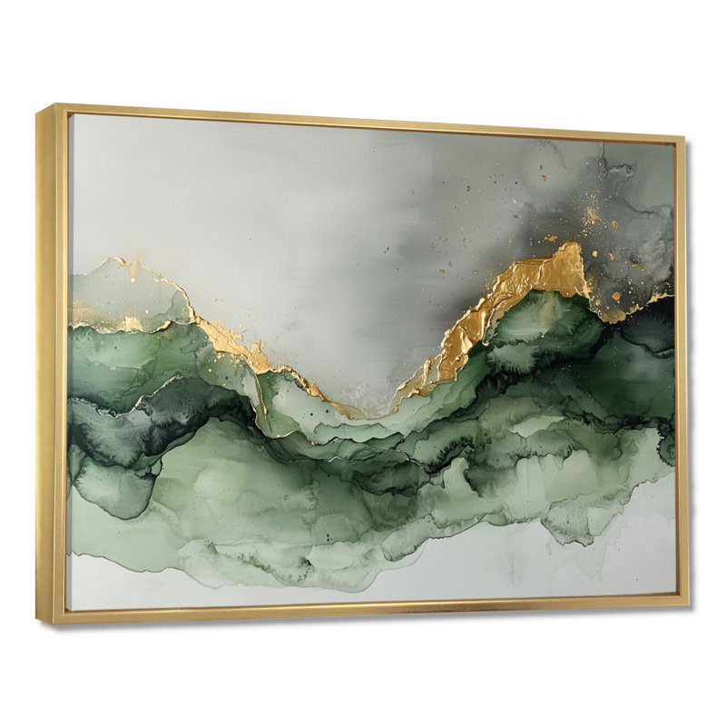 Éthérique éthéré de marbre Calacatta II émeraude - peinture abstraite, art mural, H 34 po x l 44 po, Cadre flottant, Doré