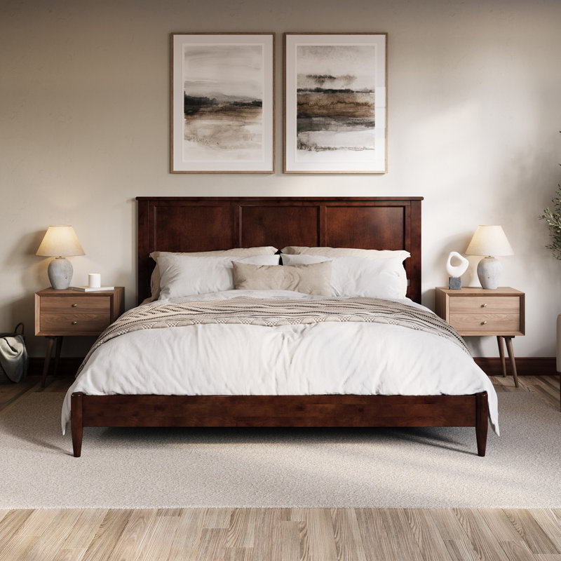 Amandah Low Profile Solid Wood Panel Bed, King, Walnut