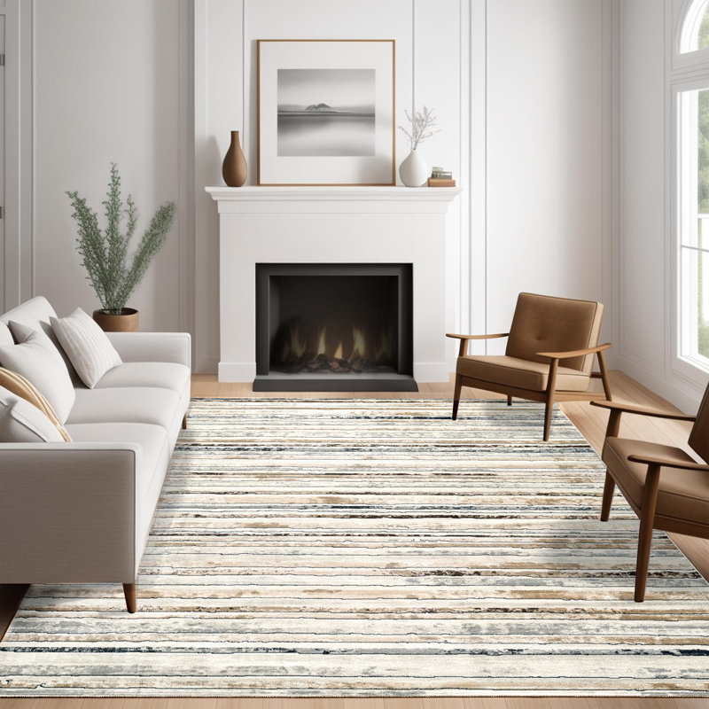 Modern Minimalist Striped Area Rug in Brown/Cream/Gray for Living Room, Hallway, Entryway Rugs, Rectangle 8'10" x 12'