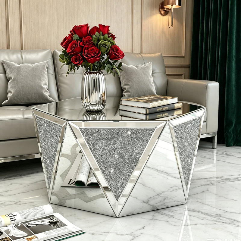 Amla  Hexagonal Glass Coffee Table Drum Mirrored Top center table for living room