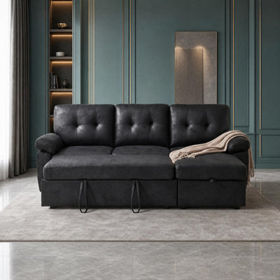 L Shaped Pullout Sofa Bed with Pillow Top Arms and Storage