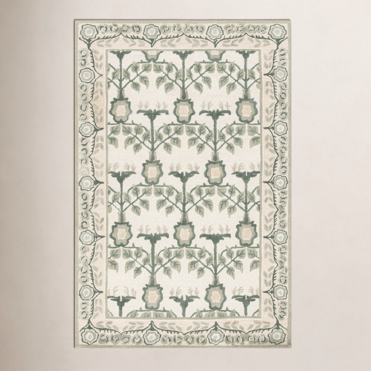 Ivory Sage Hand-Tufted Floral Wool Rug, Rectangle 6' x 9'