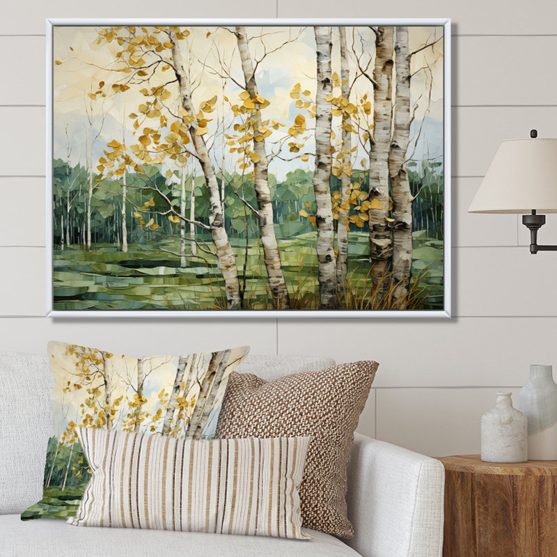 " Birch Tree Whispers Landscape I ", White Floater Framed, 12" H x 20" W x 1" D