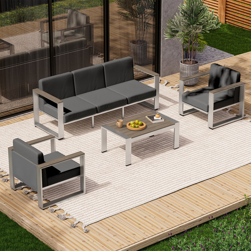 Ensemble de conversation extérieur 4 pièces, 4 pièces: table, 2 chaises, canapé, Gris foncé, Bois gris / argent