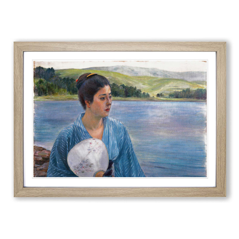 Lady with a Fan by Kuroda Seiki - Picture Frame Painting Print on MDF, Oak Framed, 48cm H x 65cm W x 2cm D