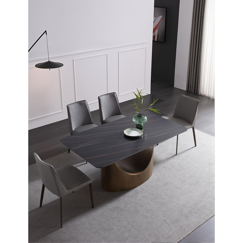 Table de salle à manger moderne de 63 po en pierre frittée pour 6 personnes avec base en métal incurvée en forme de U et coins arrondis