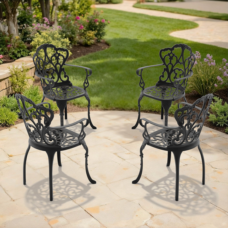Chaise de patio en fonte d'aluminium 4 pièces avec structure noire et coussins blanc cassé, 4