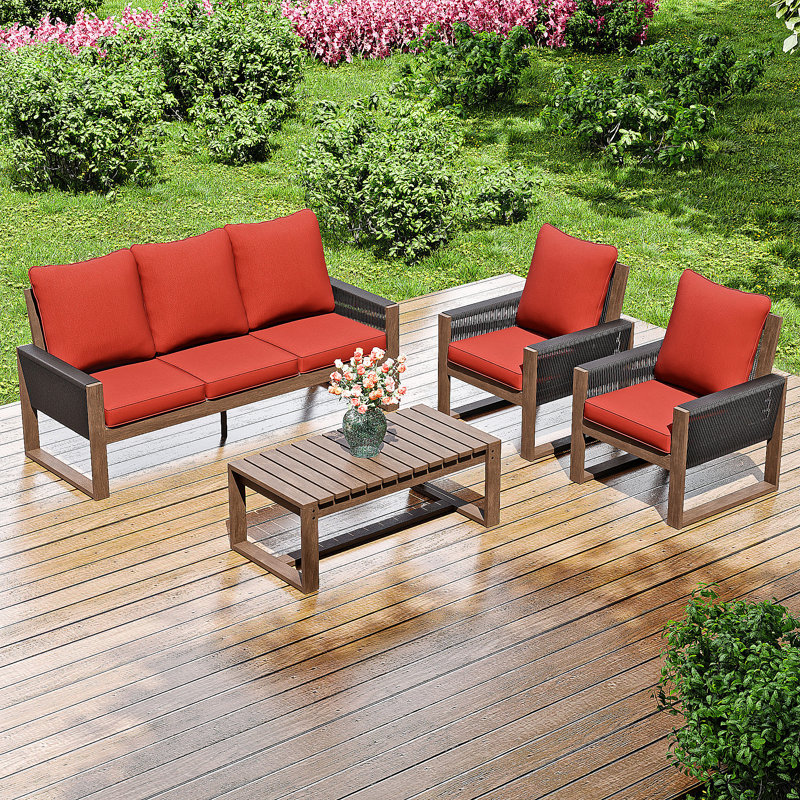 5-Person Patio Wooden Seating Group With Cushions, Red