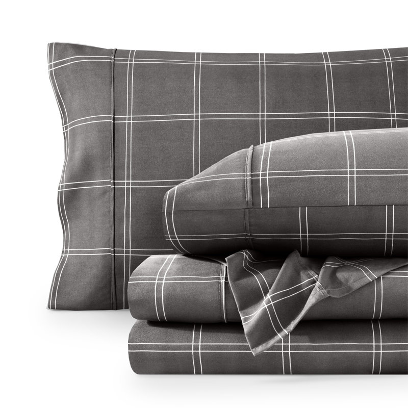 Sheet Set - Ultra-Soft Microfiber Bed Sheets - Double Brushed - Deep Pockets - Easy Fit, Modern Plaid - Grey/White