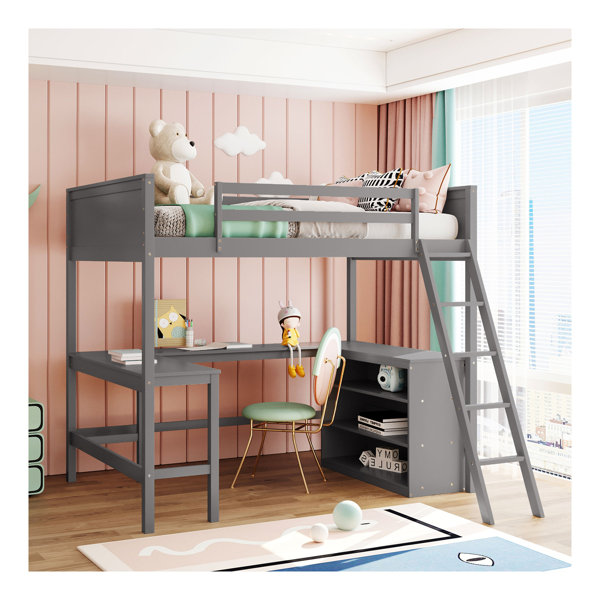 Harriet Bee Twin Size Loft Bed With Shelves And Desk, Wooden Loft Bed ...