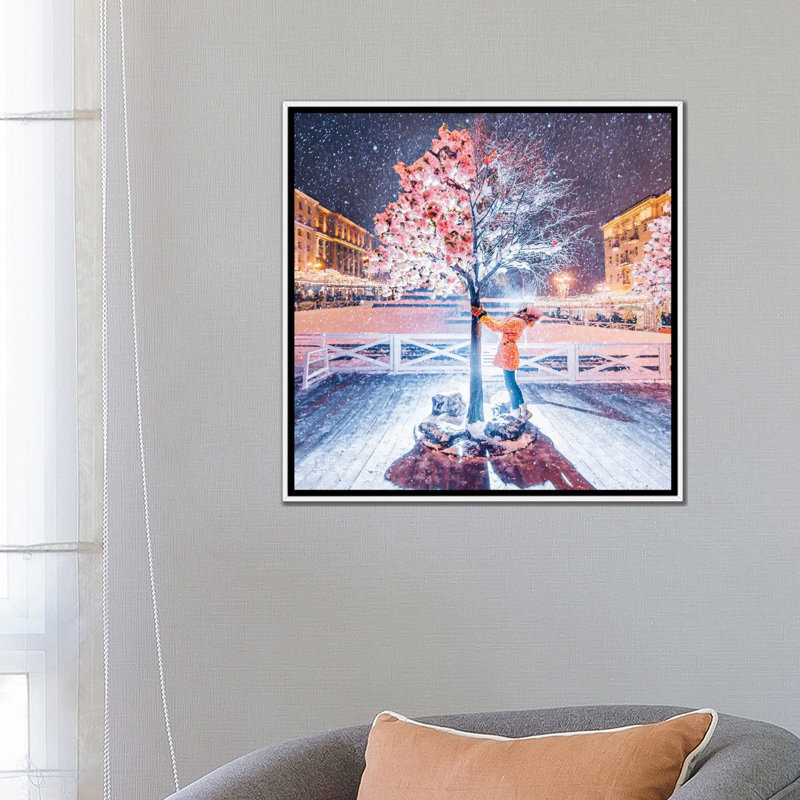Printemps-hiver arbre par Hobopeeba-impression, H 26 po x l 26 po x P 1,5 po, Pas de tapis, Toile blanche encadrée