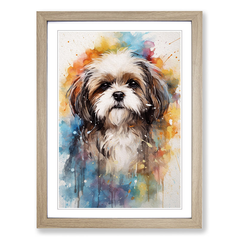 Shih Tzu Action - Single Picture Frame Print on Wood, Oak, 46cm H x 34cm W x 2cm D