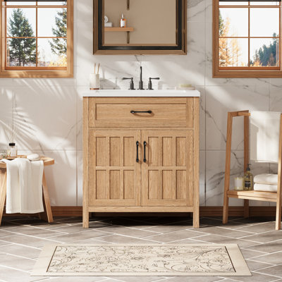 Meuble-lavabo de 30 po avec lavabo en résine, meuble-lavabo à cadre en bois massif avec tablette réglable, organisateurs de porte d'armoire