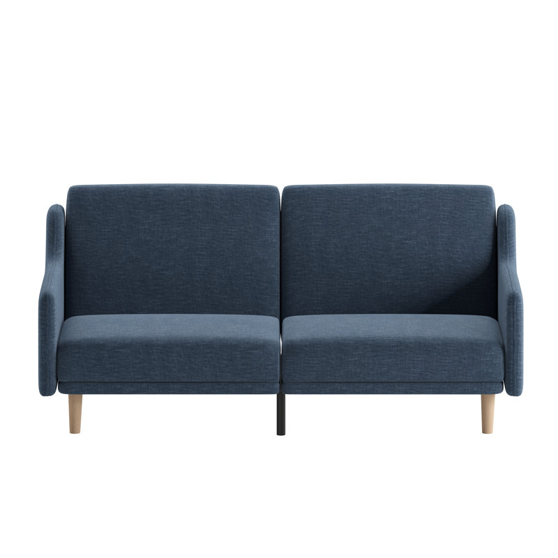 Xiana Split Back Futon Sofa with Curved Arms and Solid Wood Legs, Blue Linen Blend