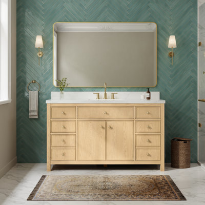 Meuble-lavabo simple 60 po Rian en chêne scandinave, comptoir en quartz Giotto, lavabo carré encastré (3 trous), garniture bronze satiné