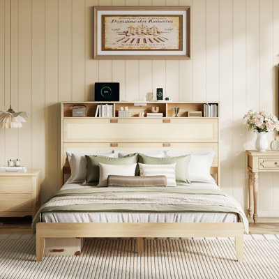 Full Size Pine Wood Platform Bed, Rattan Design, Storage Headboard With Charging Station, Shelves For Bedroom