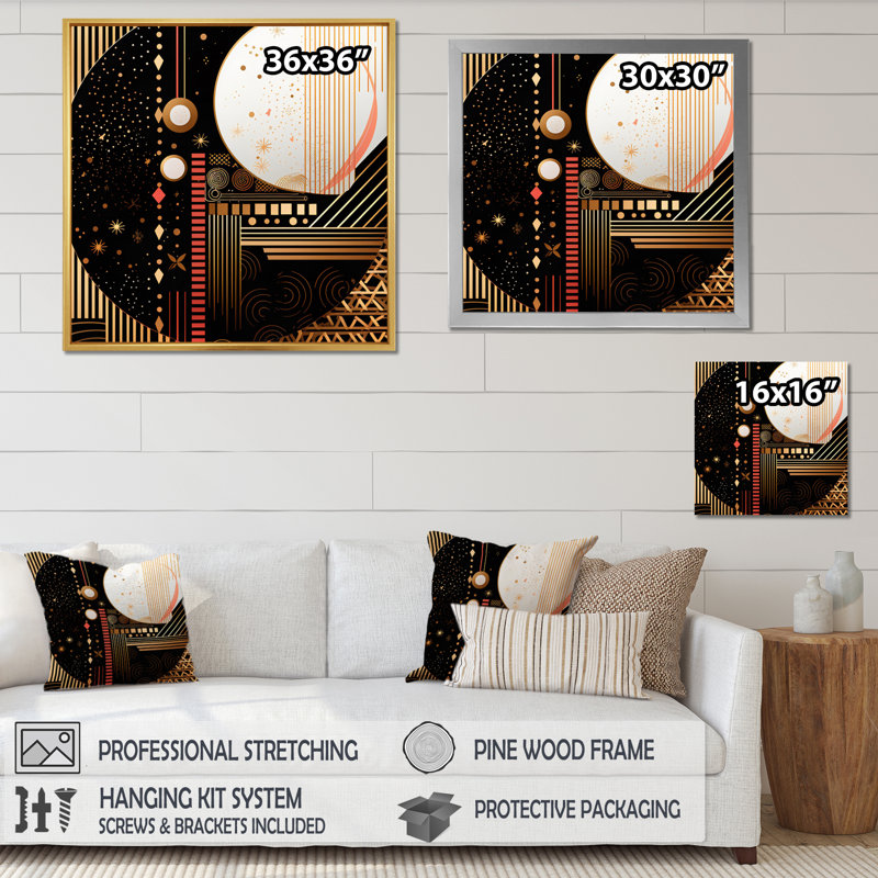 Golden Geometric Glam Full Moon - impression sur toile géométrique moderne, H 24 po x l 24 po x P 1 po, Cadre flottant noir