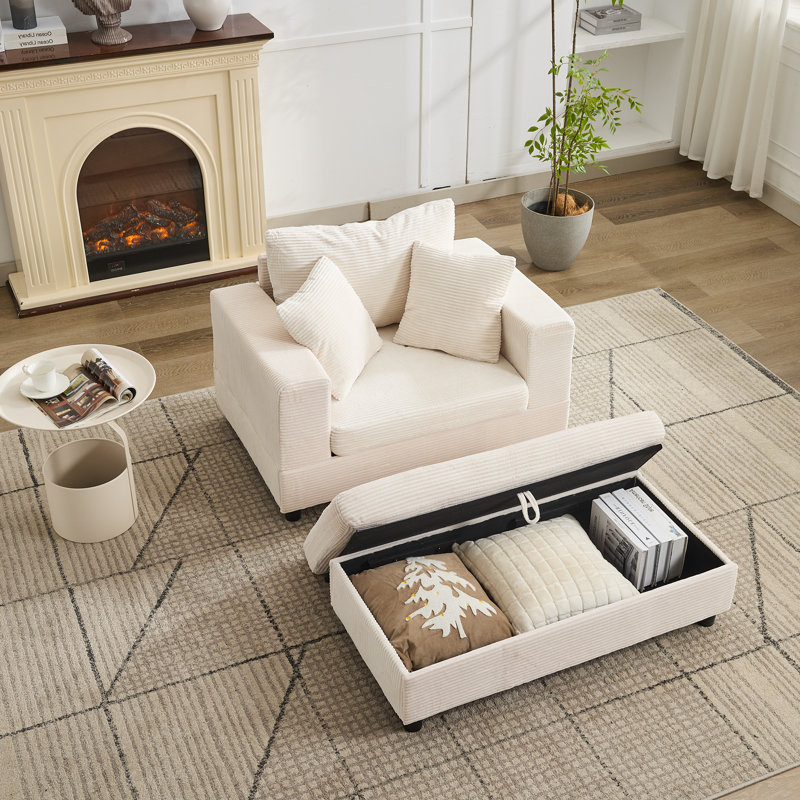 Méridienne rembourrée avec repose-pieds et coussins avec rangement Corduroy, Repose-pieds avec rangement, Beige