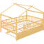 Lit cabane en bois pleine grandeur avec lit gigogne, finition naturelle, grand espace de rangement, structure robuste, 2 têtes de lit, idéal pour les enfants de 6 ans et plus, couleur du lit, couchage d'appoint, toit en forme de ciel fantaisiste, design peu encombrant, bois de pin.