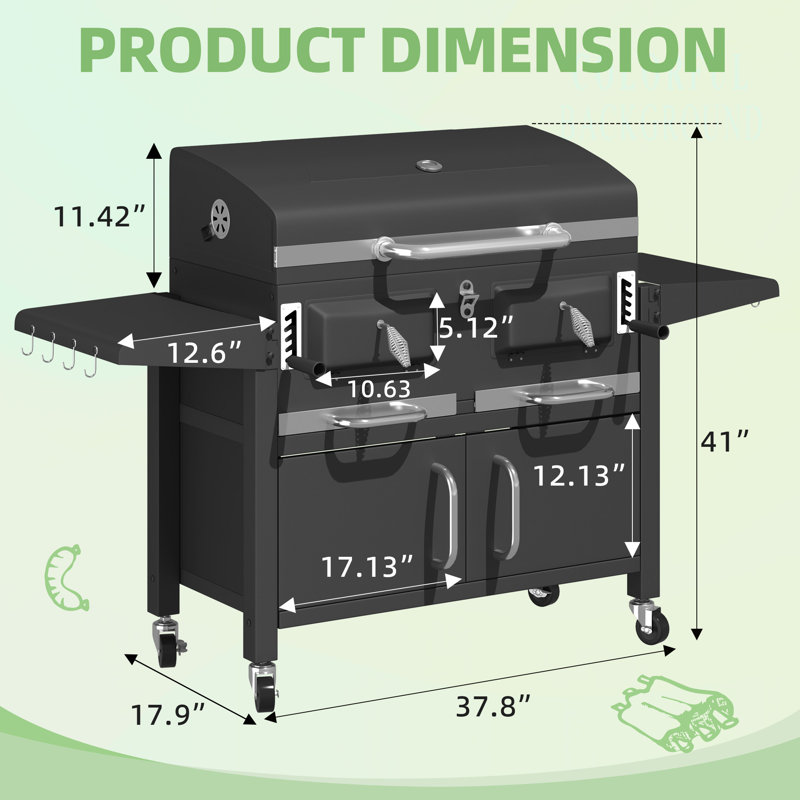 Barbecue au charbon 37,8 po à deux zones avec plateaux à charbon réglables et 2 tables d'appoint pliables