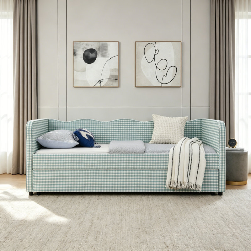 Canapé-lit convertible polyvalent 3-en-1 avec couchette coulissante et poches de rangement latérales Gingham, Cyan, Twin