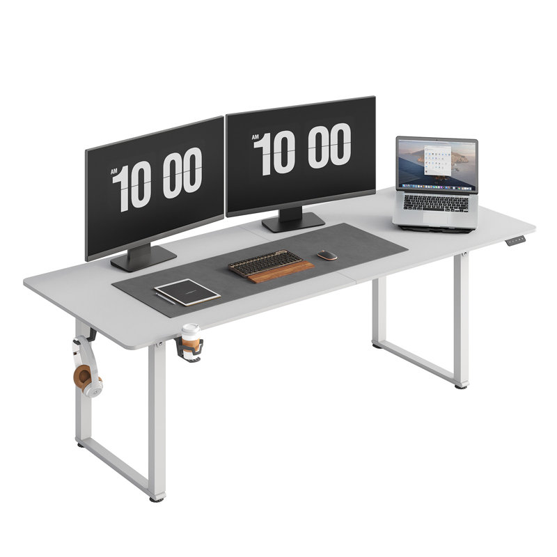 Dejanai Adjustable Metal Base Standing Desk with Power Outlet, White, 46" H x 71" W x 31.5" D