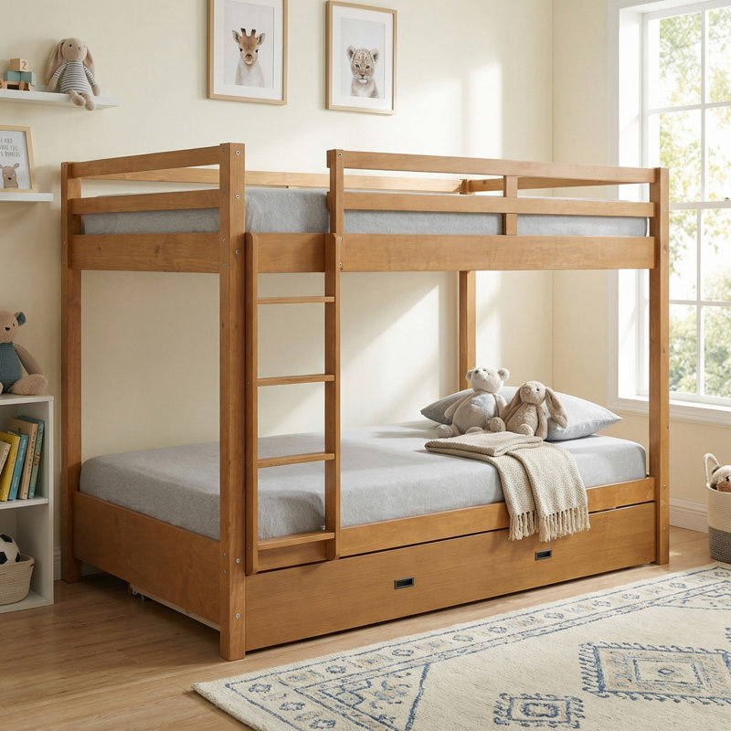 Lit superposé grand en bois massif avec lit gigogne et échelle pour chambre à coucher, Couleur du bois